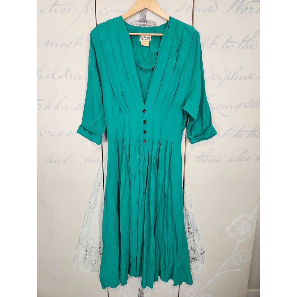 Nina Piccalino Vintage Green V-Neck Pleated Midi Dress Size 12 Made in USA